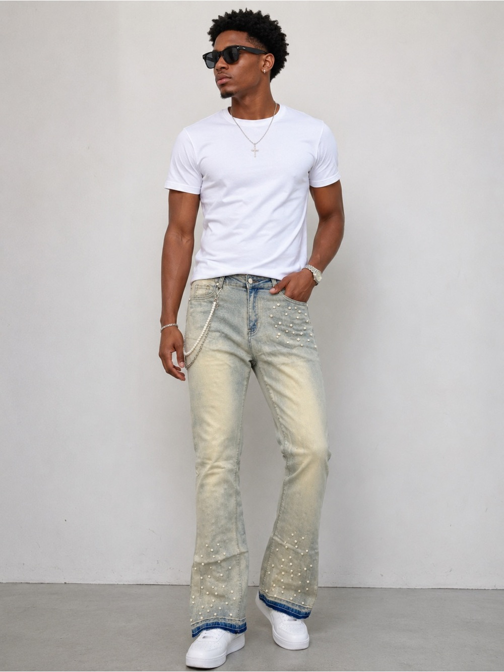 Glitz Men's Pearl-Studded Bootcut Jeans in Light Beige